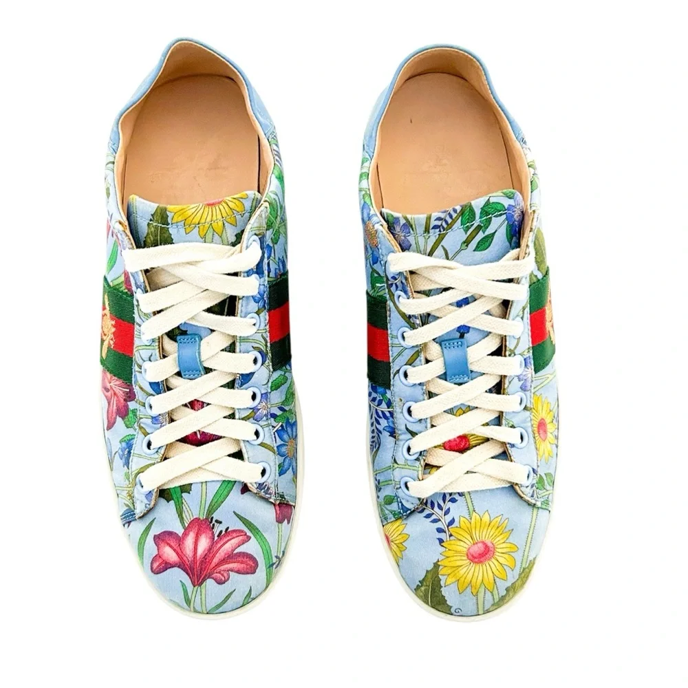 Gucci Ace Blue Floral Print Bee Web Stripe Leather Low Top Slip On Sneakers 38.5